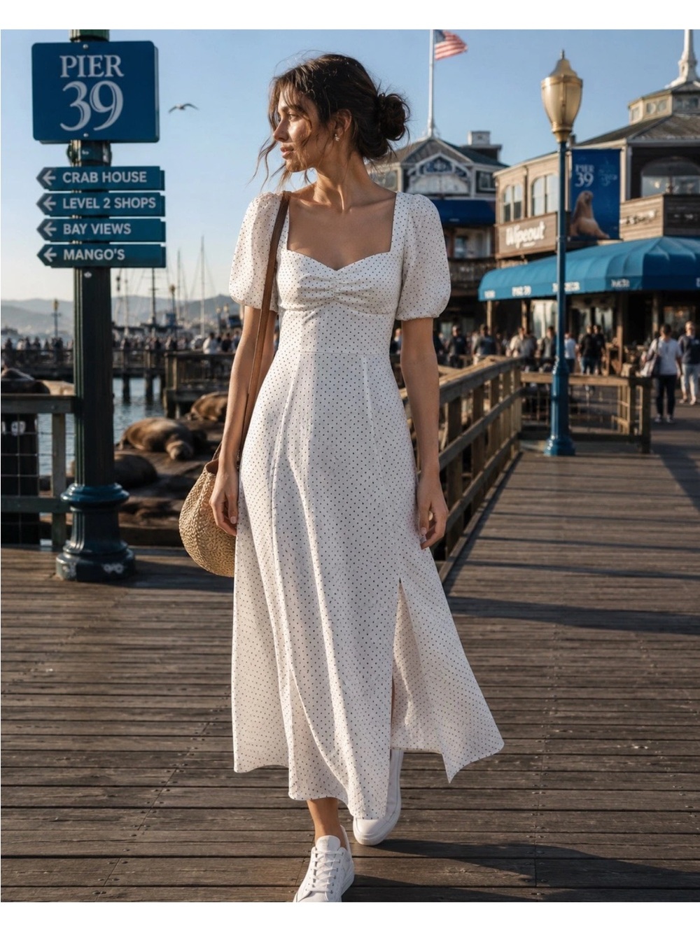 Danielle Berntein white polka  Dot Puff-Sleeve Midi Dress in White size 10